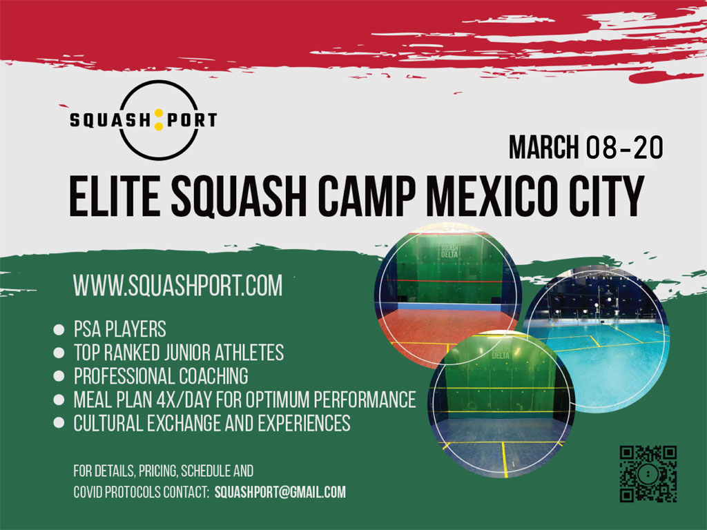 A poster advertising the squash camp in mexico city.