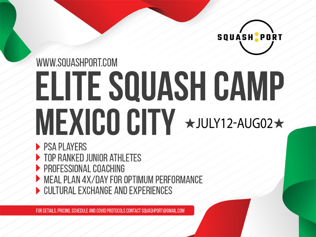 A poster for the elite squash camp in mexico city.